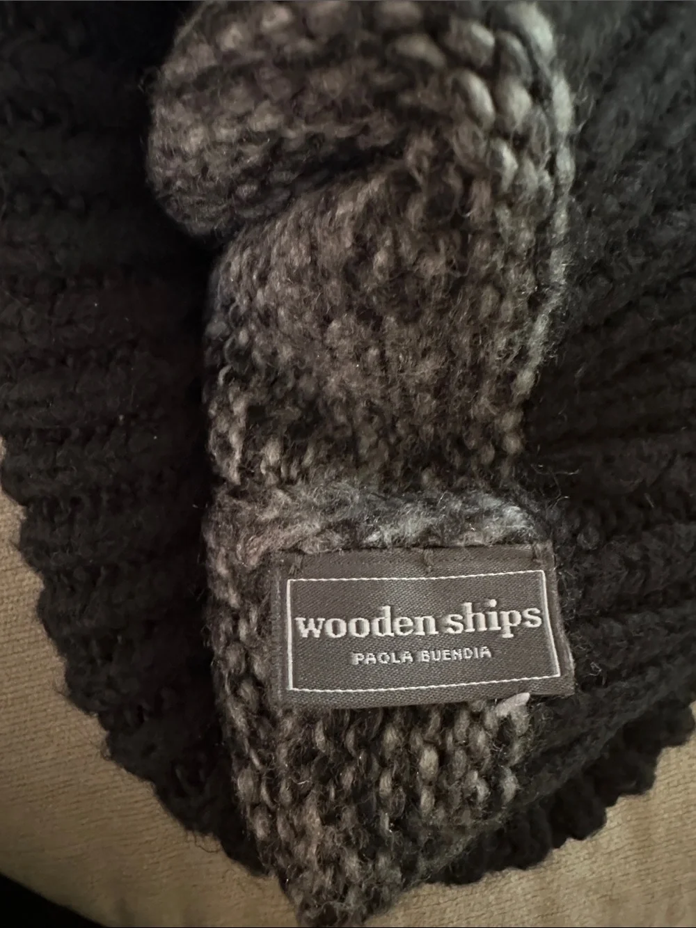 Wooden Ships Pom-Pom Beanie in Black and Gray
